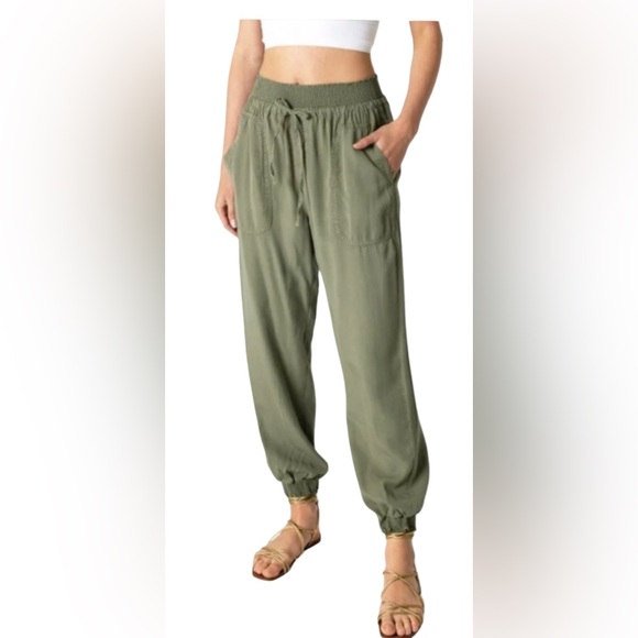 Love Tree Sage Green Linen Blend Waffle Knit Waistband Casual Pants Large - Picture 1 of 8